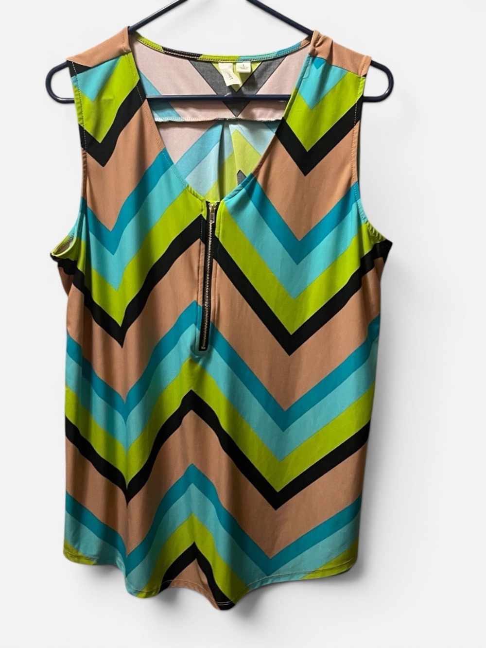 Sleeveless Chevron Zip Front Top in Tan, Turquoise & Lime